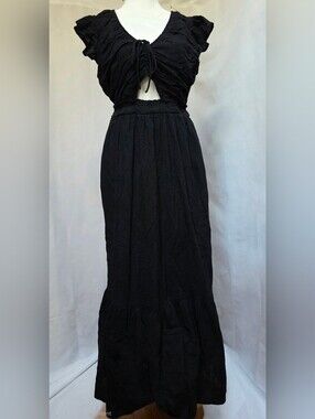 LOFT Beach Black Cotton Cutout Smocked Midi Dress Size M
